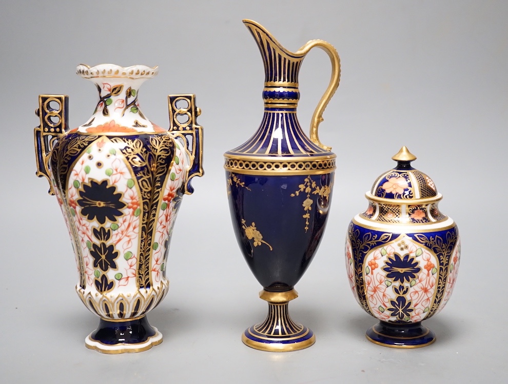 Royal Crown Derby Imari - a vase and cover and a two handled vase and a similar ewer, Tallest 19cm